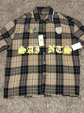 Saints Studio Men's Plaid Flannel Shirt with Graphic Back Patch